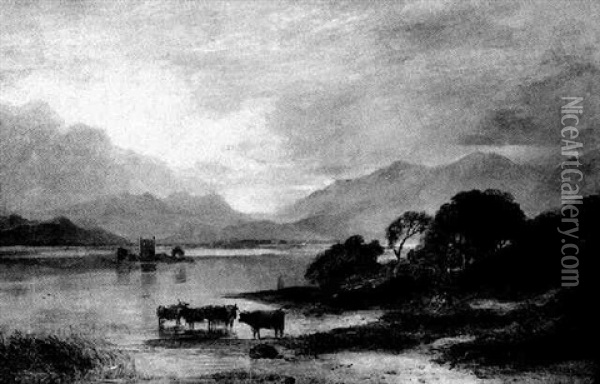 Cattle Watering In The Highlands Oil Painting - Horatio McCulloch