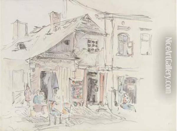 A Polish Village Shop; And A Study Of A Woman Seated In Adoorway Oil Painting - Robert Polhill Bevan