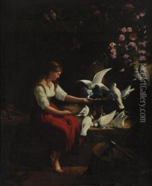 Girl Feeding Doves Oil Painting - Friedrich Edouard Meyerheim