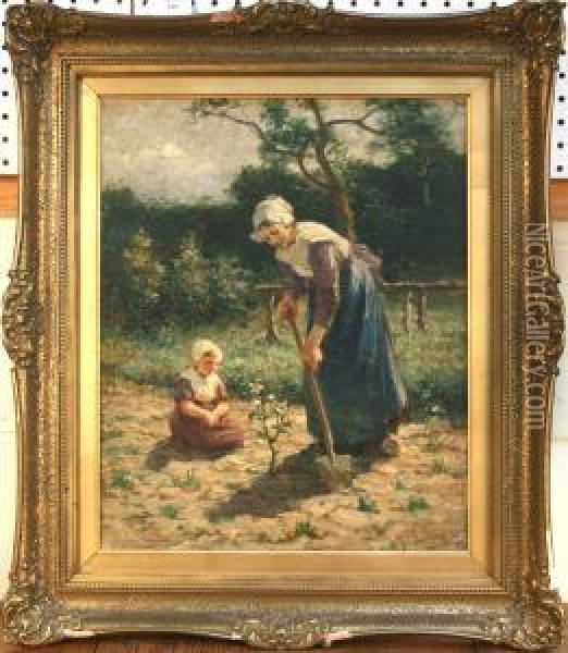 Mother And Child Workingin A Garden Oil Painting - Jacobus Frederick Sterre De Jong