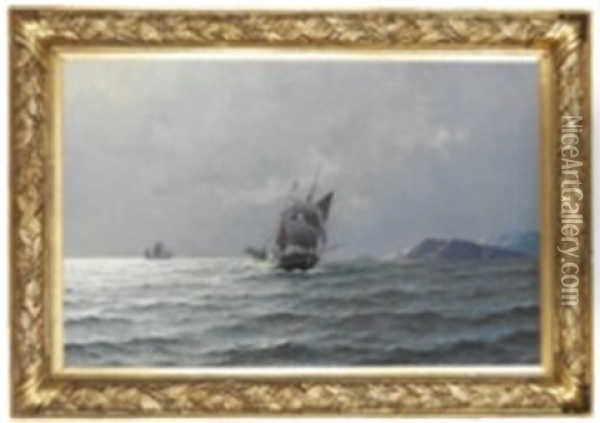Seascape With Norwegian Fishing Boats Off The Coast Oil Painting - Lauritz Haaland