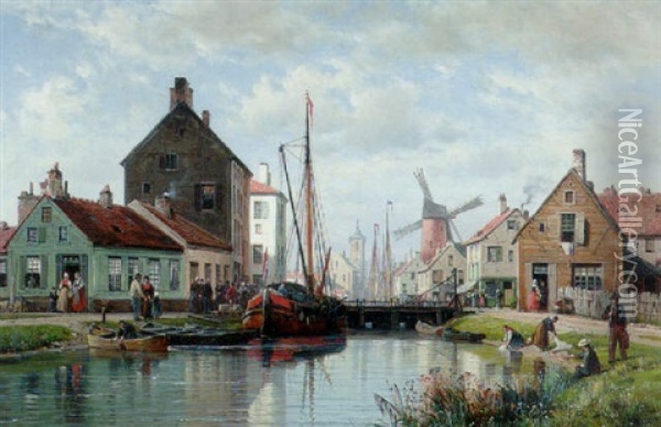 A View Of A Harbor, Northern France Oil Painting - Carl Joseph Kuwasseg