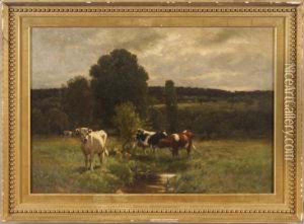 Cows In A Landscape Oil Painting - John Carleton Wiggins