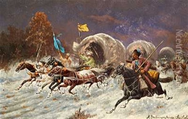 Cossacks Attacking A Caravan Oil Painting - Adolf (Constantin) Baumgartner-Stoiloff