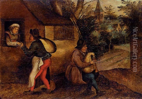 A Peasant Paying Court To A Woman, With A Bagpipe Player In A Village Oil Painting - Pieter Brueghel the Younger