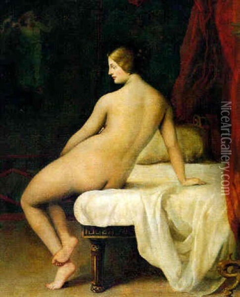 Ruckenakt Einer Auf Einem Bett Sitzenden Jungen Frau Oil Painting - Hippolyte Jean Flandrin