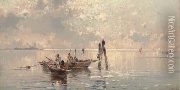Learning To Fish On The Lagoon, Venice Oil Painting - Franz Richard Unterberger