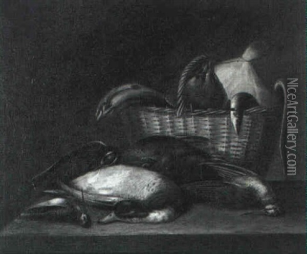 Dead Game And Fish In A Basket On A Table Oil Painting - Stephen Elmer