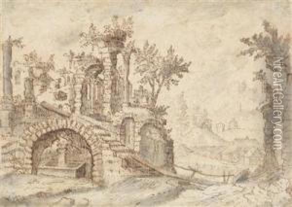 A Landscapewith A Ruin And A Well Oil Painting - Tobias van Haecht (see Verhaecht)