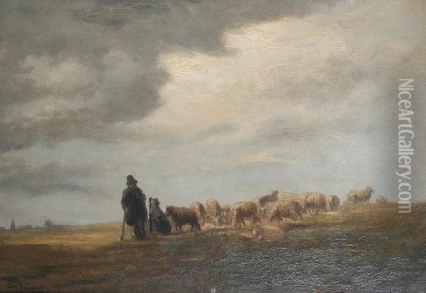 A Shepherd And His Flock In An Openlandscape Oil Painting - Cornelis van Leemputten