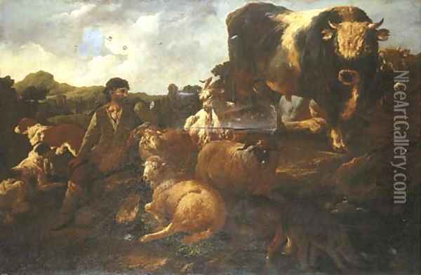 A peasant surrounded by dogs, sheep, a bull and other animals within a landscape Oil Painting - Philipp Peter Roos