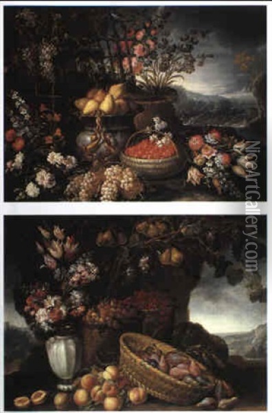 Still Lifes Of Fruit In Baskets And Flowers In Garden Settings Oil Painting - Bartolommeo Bimbi