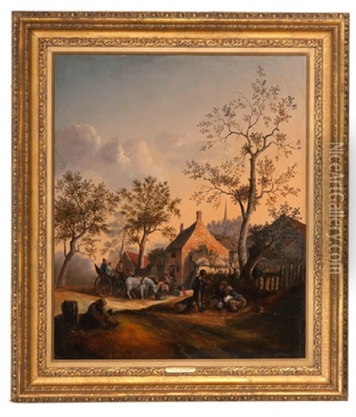 Village Scene With Carriage Oil Painting - Willem Koekkoek