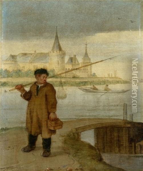 Fisher On A Bridge With Muiderslot In The Background Oil Painting - Arent (Cabel) Arentsz