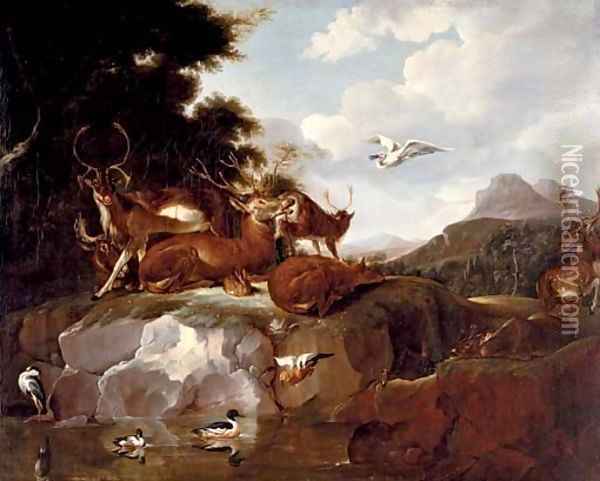 Deer, ducks, a rabbit, a spoonbill and other animals in a landscape Oil Painting - Carl Borromaus Andreas Ruthart