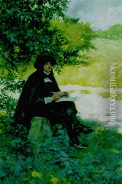 Writing On Some Loose Sheets Of Paper That He Held On His Knee Oil Painting - Howard Pyle