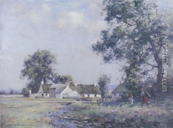 Summer At The Farm, With Children Playing By A Brook Oil Painting - John Henderson