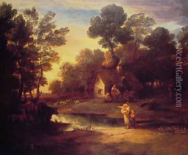 Wooded Landscape with Cattle by a Pool and a Cottage at Evening Oil Painting - Thomas Gainsborough