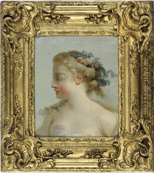 Head Of A Woman Wearing A Flower Garland Oil Painting - Francois Boucher