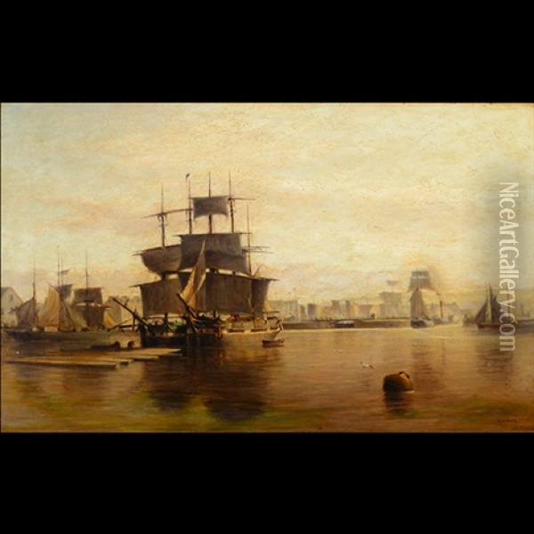 Untitled - Ships In Harbour At Sunset Oil Painting - Hendrik Willem Mesdag