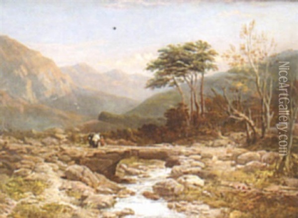 Rocky River Landscape, With Figures On A Bridge, Hills Beyond Oil Painting - Edmund John Niemann