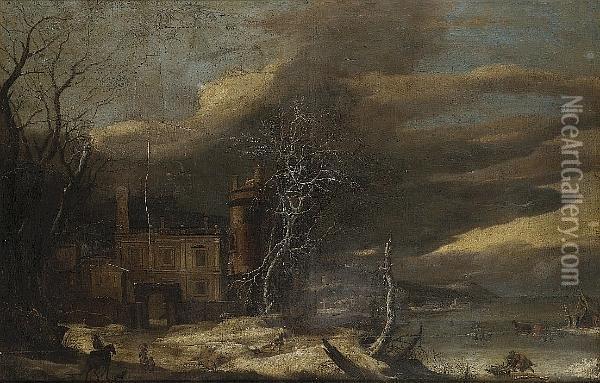 A Winter River Landscape With Travellers On A Path Before A Castle Oil Painting - Anthonie Beerstraten