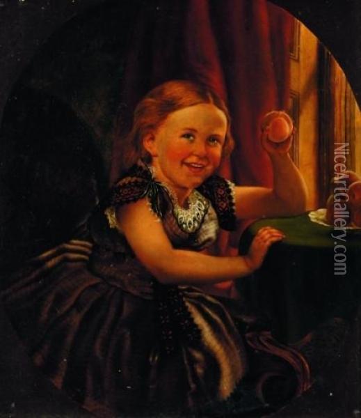 Girl Holding A Peach Oil Painting - Philipp Hoyoll