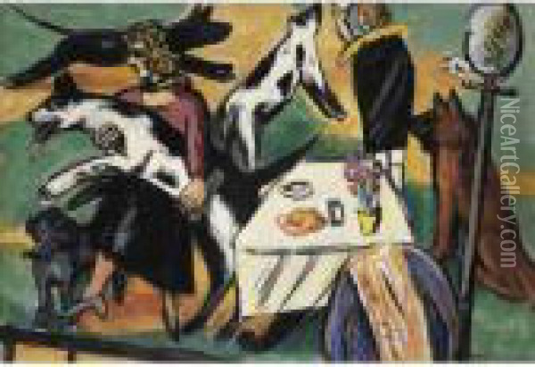 Madchen Mit Hunden Spielend (girls Playing With Dogs) Oil Painting - Max Beckmann
