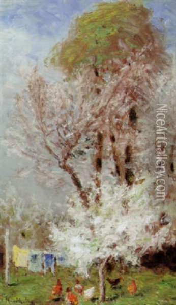 Huhnerhof Mit Bluhenden Baumen Und Aufgehangter Wasche Oil Painting - Francois Richard De Montholon