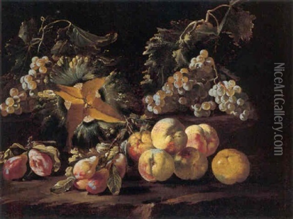 A Still Life Of Peaches, Grapes, Plums, And A Melon In A Landscape Oil Painting - Giovanni Paolo Castelli (lo Spadino)