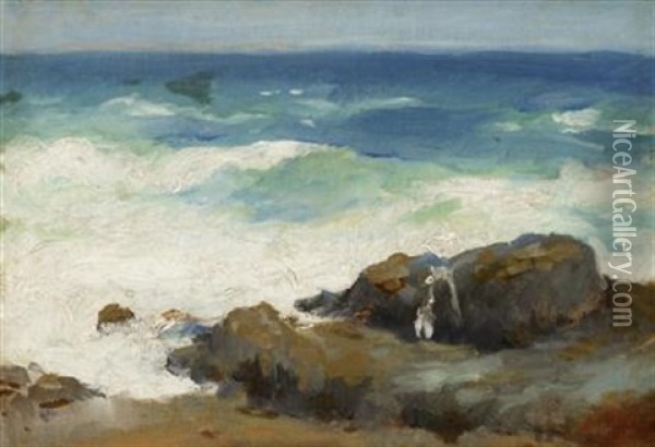 Waves Breaking On Rocks Oil Painting - Frank Duveneck