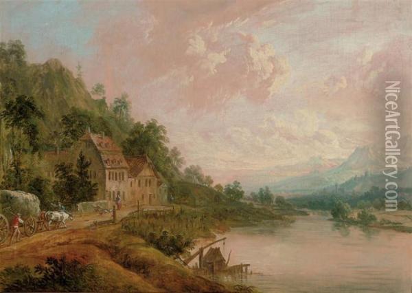 A Mountainous River Landscape With Figures And A Hay-cart On Atrack By A Cottage Oil Painting - Christian Georg Schuttz II
