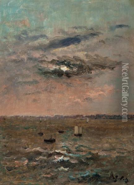 Meereskuste Mit Zahlreichen Booten Und Hinter Wolke Versteckter Sonne Oil Painting - Aime Stevens