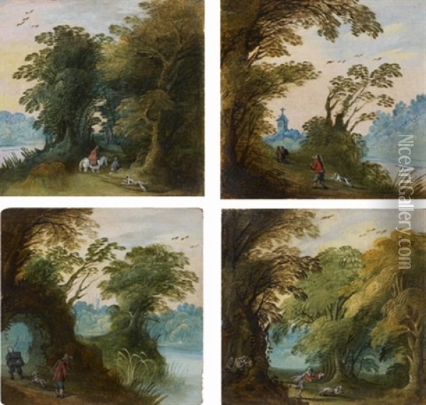 Chasseurs Et Promeneurs Dans Des Paysages (set Of 4) Oil Painting - Jasper van der Laanen