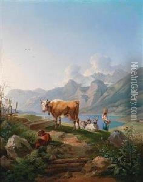 Weideidyll Im Alpenland Oil Painting - Max Joseph Wagenbauer