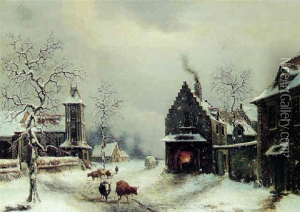 Vinterdag I Landsbyen Oil Painting - Louis-Claude Malbranche
