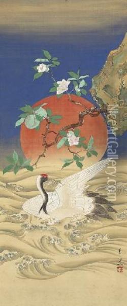 Crane, Waves And Peach Tree Oil Painting - Suzuki Motonaga Kiitsu