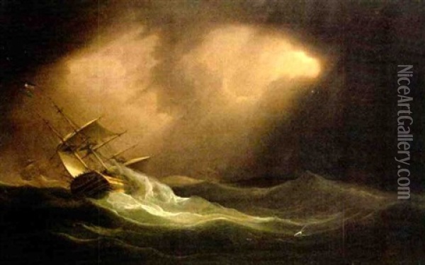 A Swedish Man-o'war, Taken By The Dutch As A Prize, And Other Ships Of A Squadron In Distress In Mountainous Seas Oil Painting - William John Huggins