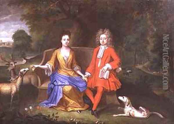 Portrait of Sir Charles Shuckburgh and his wife Diana with Shuckburgh Hall Warwickshire in the background Oil Painting - Adriaen Van Diest