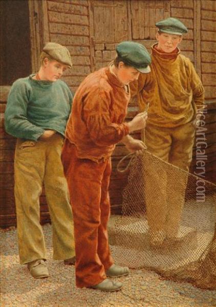 Fixing A New Line To The Old Net, Hastings Oil Painting - William Biscombe Gardner