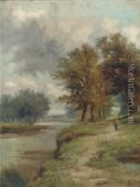 A Country Walk Along A River Bank Oil Painting - Abraham Hulk Jun.