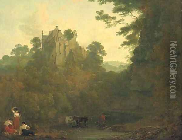 View of Hawthornden Castle with cattle drinking at a river and figures in the foreground Oil Painting - Julius Caesar Ibbetson