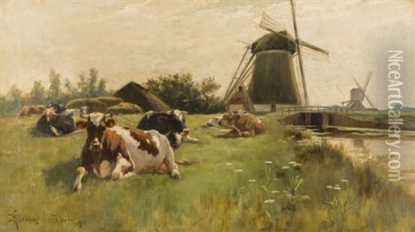 Cattle In A French Landscape With Windmill And Wildflowers Oil Painting - Henry Singlewood Bisbing
