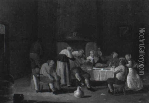 Peasants Feasting At A Table In A Kitchen Interior Oil Painting - Pieter de Bloot