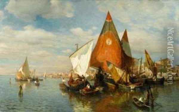Fisher Boats Near Chioggia. 1878. Oil Painting - Gustav Schonleber