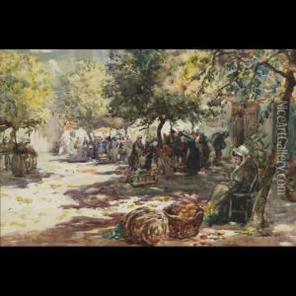 Market Morning. Dole, Brittany Oil Painting - Thomas William Morley