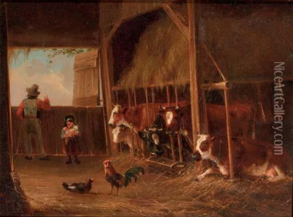 Helping Father In The Stable Oil Painting - Joseph Augustus Knip