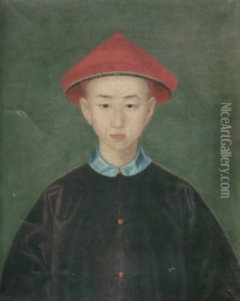 A Portrait Of A Young Boy Wearing A Red Hat With Black Silk Trim And A Purple Coat With A Blue Collar Oil Painting - Jean-Denis Attiret