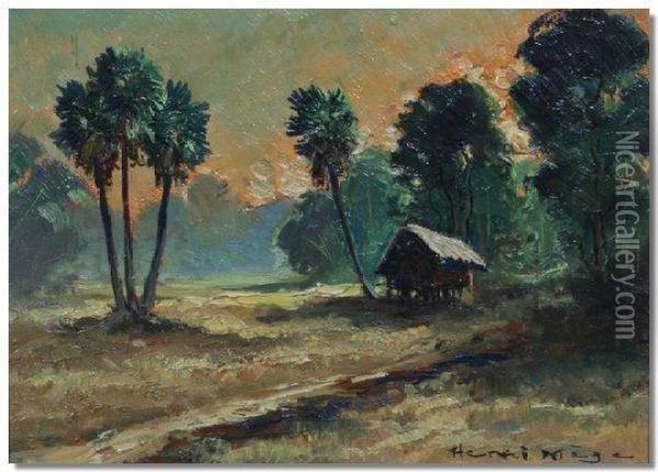 Mege, Woodland With A Hut Oil Painting - Henri Albert Adam