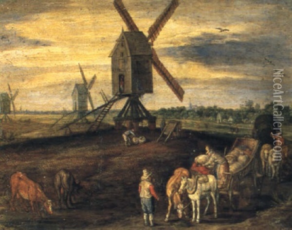 An Extensive Landscape With Boors Loading Corn By A Windmill Oil Painting - Jan Brueghel the Elder